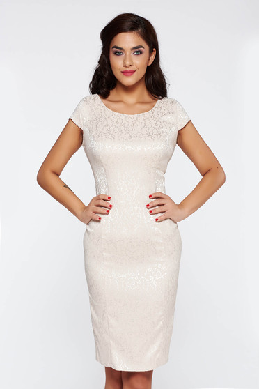 Rochie crem eleganta tip creion din jaquard cu maneci scurte