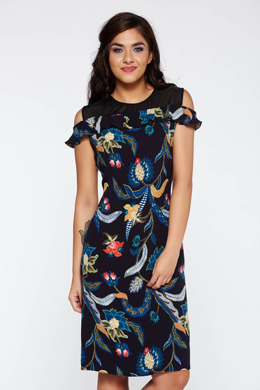 Rochie albastra-inchis casual fara maneci midi cu imprimeu floral cu volanase