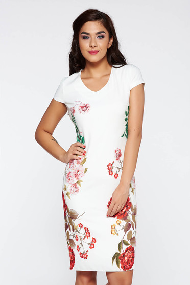 Rochie alba eleganta cu maneca scurta midi cu imprimeu floral captusita pe interior