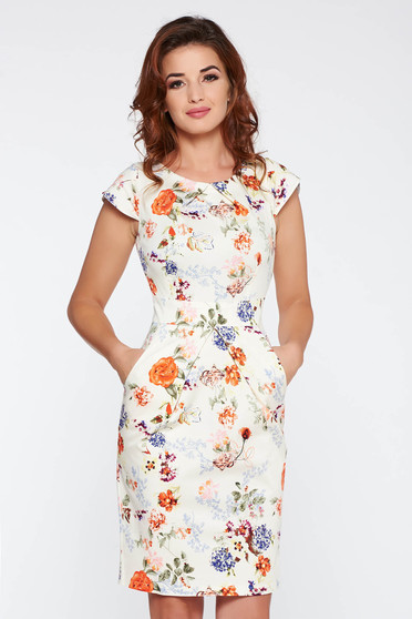 Rochie crem de zi tip creion bumbac usor elastic cu imprimeuri florale