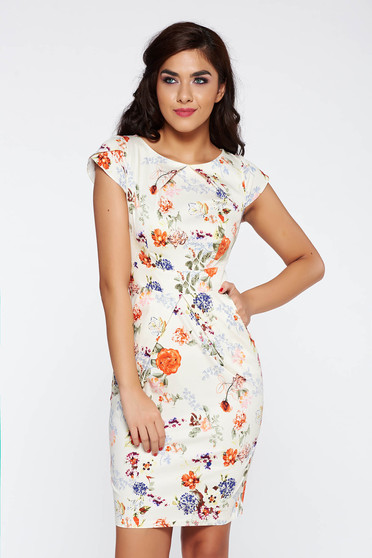 Rochie crem de zi tip creion bumbac usor elastic cu imprimeuri florale
