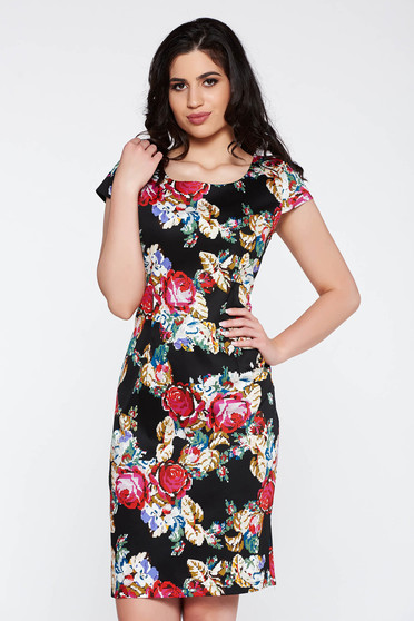 Rochie neagra de zi midi tip creion din bumbac elastic cu imprimeuri florale