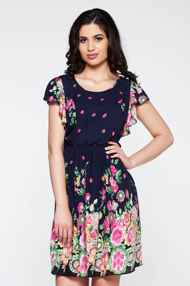Rochie albastra-inchis de zi in clos din material vaporos cu elastic in talie si volanase la maneca