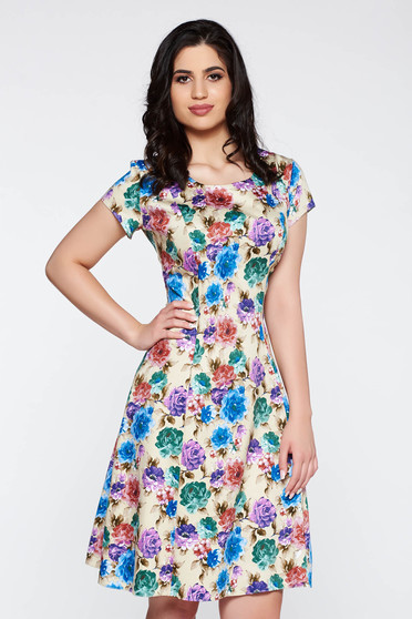 Rochie crem de zi midi in clos din bumbac cu imprimeuri florale