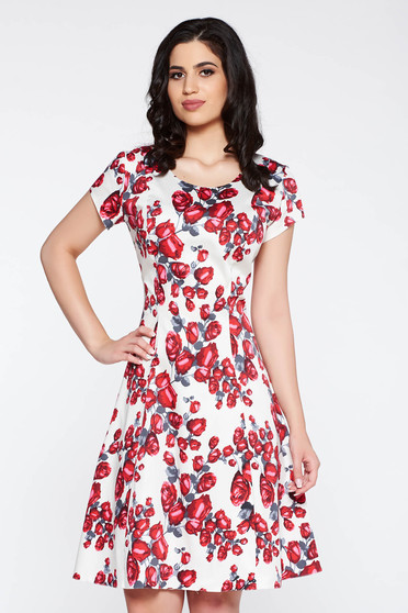 Rochie rosie de zi midi in clos din bumbac cu imprimeuri florale