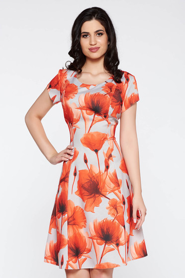 Rochie portocalie de zi midi in clos din bumbac cu imprimeuri florale