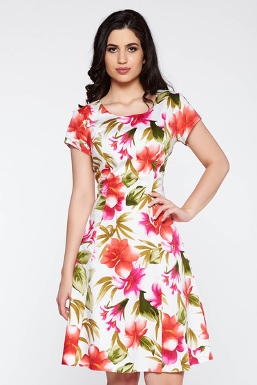 Rochie alba de zi midi in clos din bumbac cu imprimeuri florale