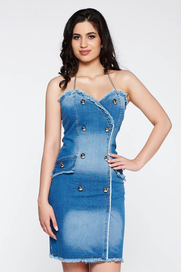 Rochie Ocassion albastra casual cu un croi mulat din bumbac elastic cu accesorii metalice