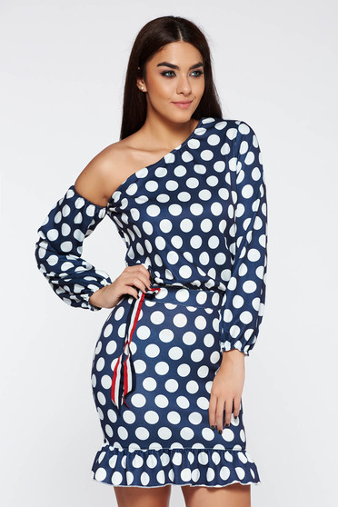 Rochie Ocassion albastra-inchis de zi din bumbac elastic cu volanase la baza rochiei