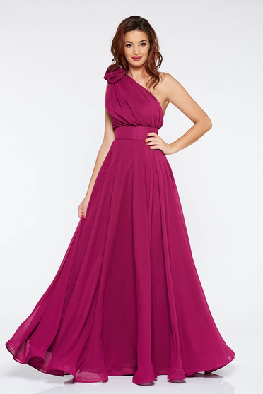 Rochie Ana Radu mov de lux lunga in clos din voal captusita pe interior accesorizata cu cordon