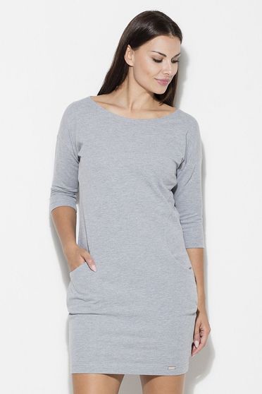Rochie Katrus gri casual cu maneca 3/4 scurta din bumbac cu un croi drept