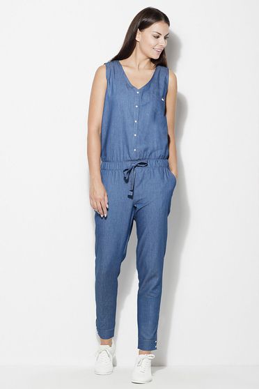 Salopeta Katrus albastra casual fara maneci material subtire cu elastic in talie cu snur in talie
