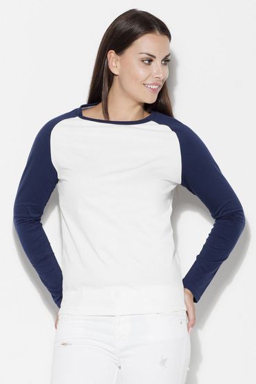 Bluza dama Katrus alb cu albastru-inchis casual cu maneca lunga din bumbac