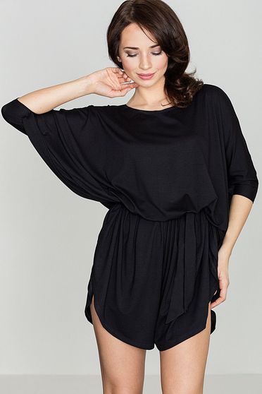 Salopeta Lenitif neagra casual cu croi larg din material vaporos cu elastic in talie