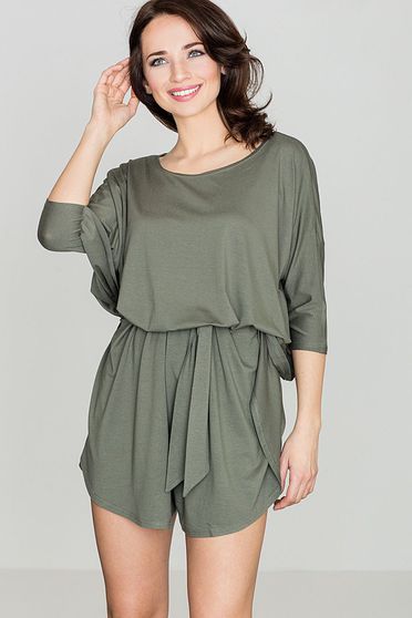 Salopeta Lenitif khaki casual cu croi larg din material vaporos cu elastic in talie