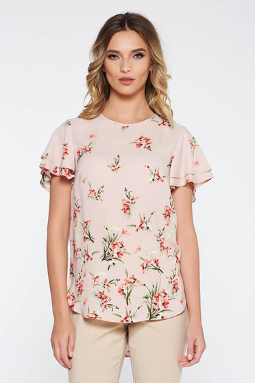 Bluza dama rosa eleganta cu croi larg din material vaporos cu imprimeuri florale