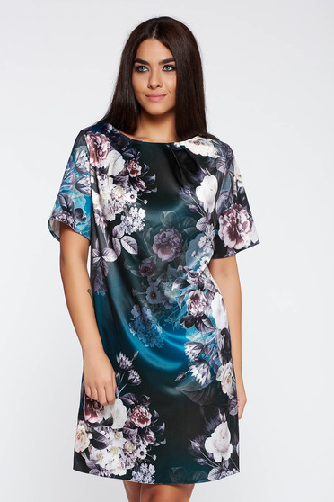 Rochie verde-inchis eleganta cu maneca scurta cu croi larg din material satinat cu imprimeu floral