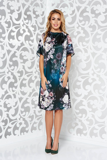 Rochie verde-inchis eleganta cu maneca scurta cu croi larg din material satinat cu imprimeu floral