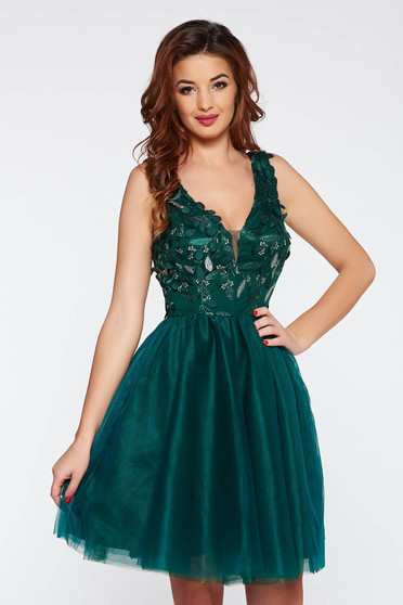 Rochie Artista verde-inchis de ocazie in clos brodata cu tul captusita pe interior cu bust buretat