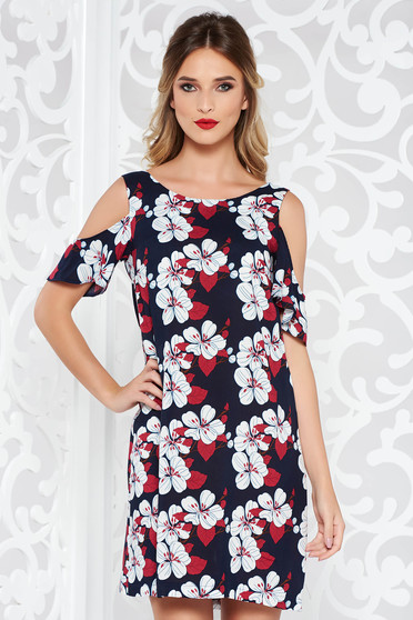 Rochie StarShinerS albastra-inchis casual cu croi larg din material vaporos cu umeri decupati