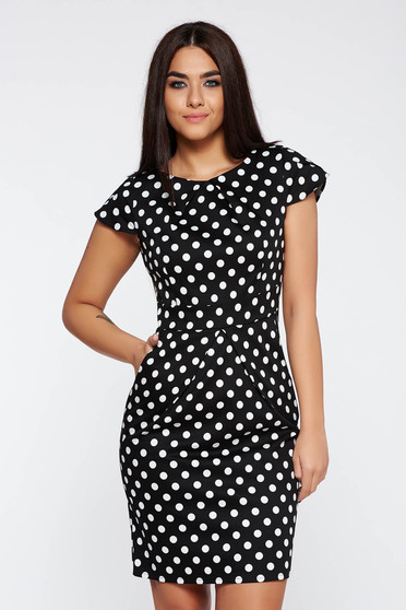 Rochie neagra office cu buzunare din bumbac usor elastic cu buline