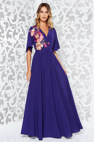 Rochie StarShinerS mov de ocazie din voal captusita pe interior cu elastic in talie si maneci largi