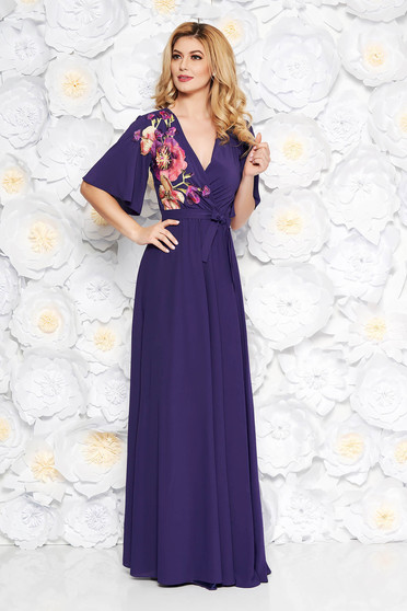 Rochie StarShinerS mov de ocazie din voal captusita pe interior cu elastic in talie si maneci largi