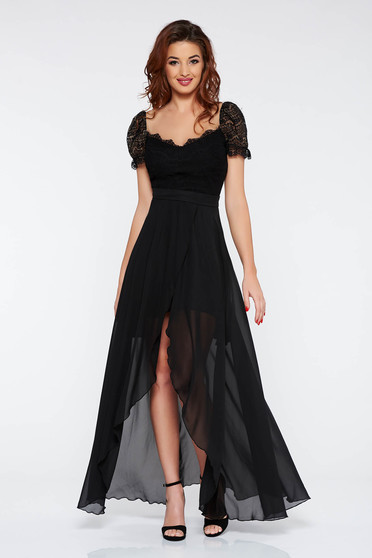 Rochie neagra de ocazie asimetrica din voal si dantela captusita pe interior