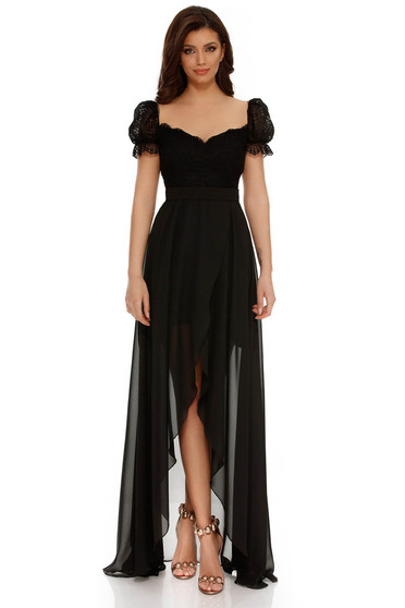 Rochie neagra de ocazie asimetrica din voal din dantela captusita pe interior