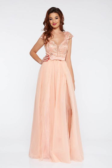 Rochie Artista piersica de ocazie cu bust buretat din tul captusita pe interior cu aplicatii florale cu efect 3d