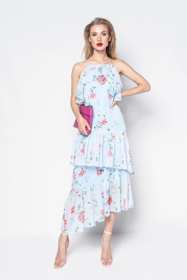 Rochie PrettyGirl albastra-deschis eleganta din material vaporos si transparent captusita pe interior cu volanase