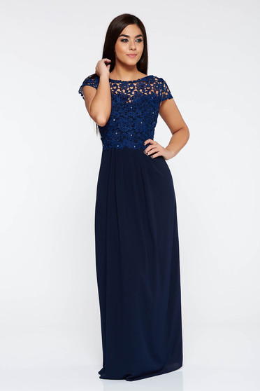 Rochie albastra-inchis de ocazie cu aplicatii cu pietre strass din material vaporos