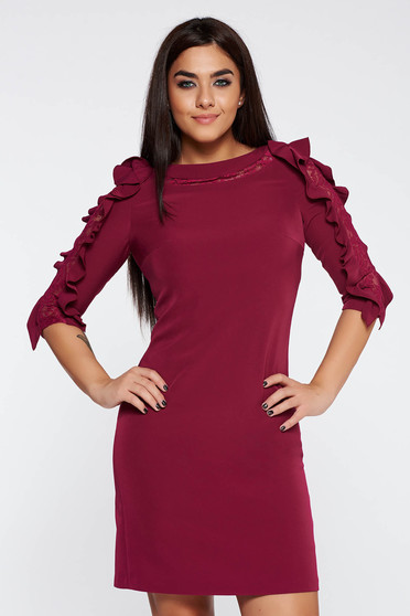 Rochie mov eleganta din stofa neelastica croi tip balon cu volanase la maneca