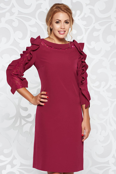 Rochie mov eleganta din stofa neelastica croi tip balon cu volanase la maneca
