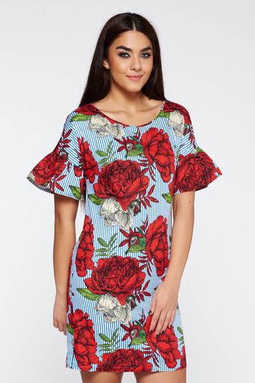 Rochie rosie casual cu croi larg din bumbac neelastic cu imprimeuri florale