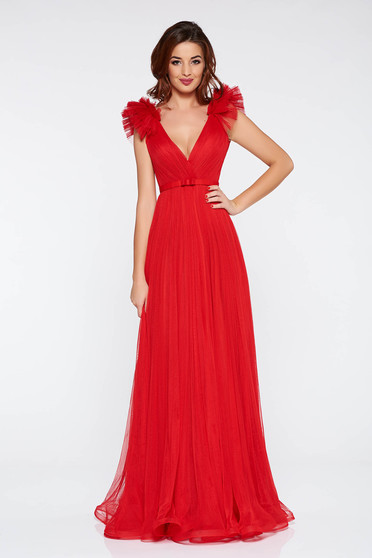 Rochie Ana Radu rosie de lux cu decolteu adanc din tul captusita pe interior cu bust buretat