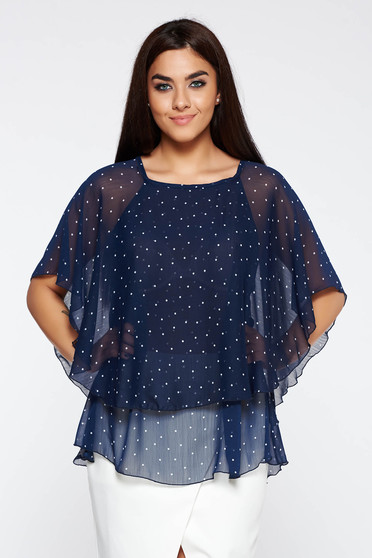 Bluza dama albastra-inchis eleganta cu croi larg din material transparent cu buline
