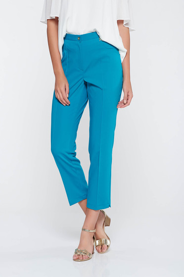 Pantaloni turcoaz office cu talie medie din stofa usor elastica cu un croi mulat