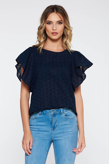 Bluza dama albastra-inchis casual scurta cu croi larg din bumbac neelastic cu volanase la maneca