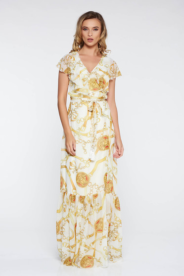 Rochie LaDonna alba eleganta din material vaporos si transparent captusita pe interior cu volanase