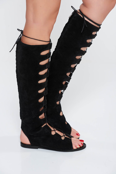Cizme dama StarShinerS negre casual din piele naturala cu talpa joasa accesorizate cu snur