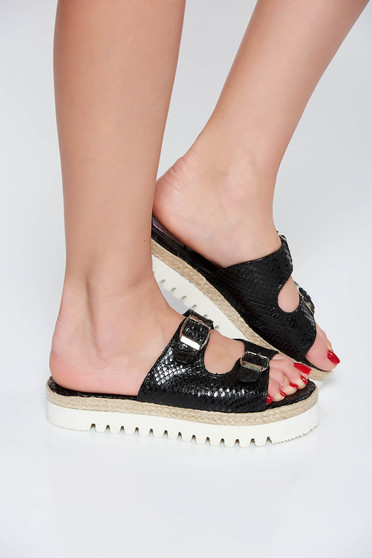 Papuci StarShinerS negri casual din piele naturala cu talpa joasa accesorizati cu catarame