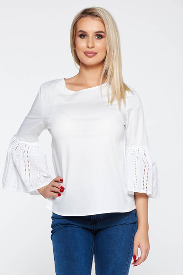 Bluza dama StarShinerS alba casual din bumbac neelastic cu croi larg cu maneci clopot