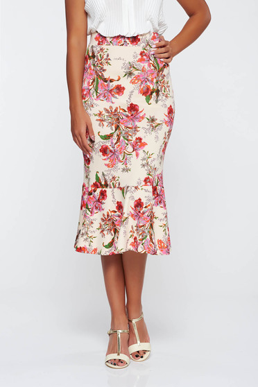 Fusta StarShinerS crem eleganta midi cu talie inalta din material elastic cu imprimeuri florale