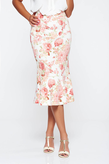 Fusta StarShinerS alba eleganta midi cu talie inalta din material elastic cu imprimeuri florale