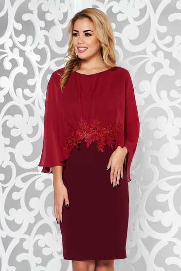 Rochie visinie de ocazie tip creion din stofa usor elastica si voal cu insertii de broderie