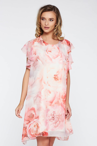 Rochie rosa eleganta cu croi larg din material vaporos si transparent captusita pe interior cu imprimeuri florale