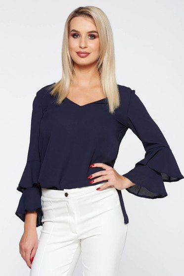 Bluza dama StarShinerS albastra-inchis eleganta cu croi larg cu decolteu in v cu volanase la maneca