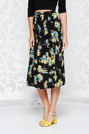 Fusta StarShinerS neagra in clos cu talie inalta din material vaporos cu imprimeuri florale