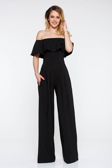 Salopeta LaDonna neagra de ocazie pe umeri din stofa usor elastica cu un croi evazat